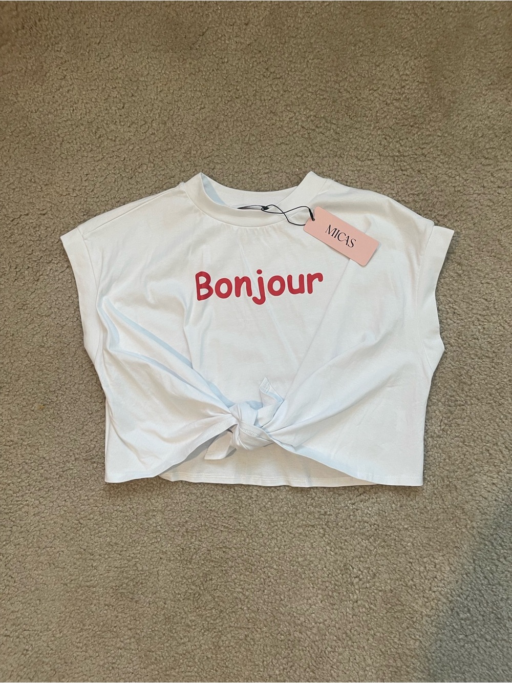 Womans 'Bonjour' White Knot-Front Tee